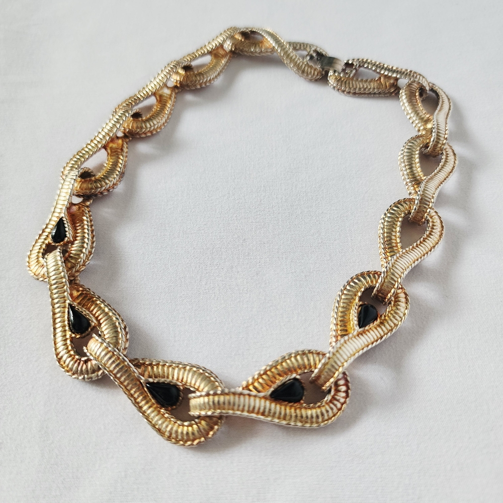 Givenchy Vintage Gold Tone Black Cabochon‎ Collar 1980s Designer Necklace